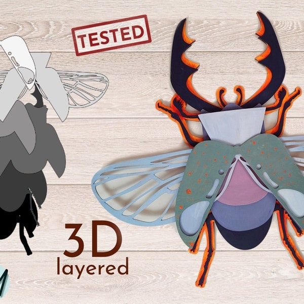 Fichier de coupe laser d’art mural d’insectes SVG de coléoptère en couches 3D, fichier SVG de contreplaqué de couche 3D et de coupe de papier, fichier de coupe murale multicouche 3D Laser Art