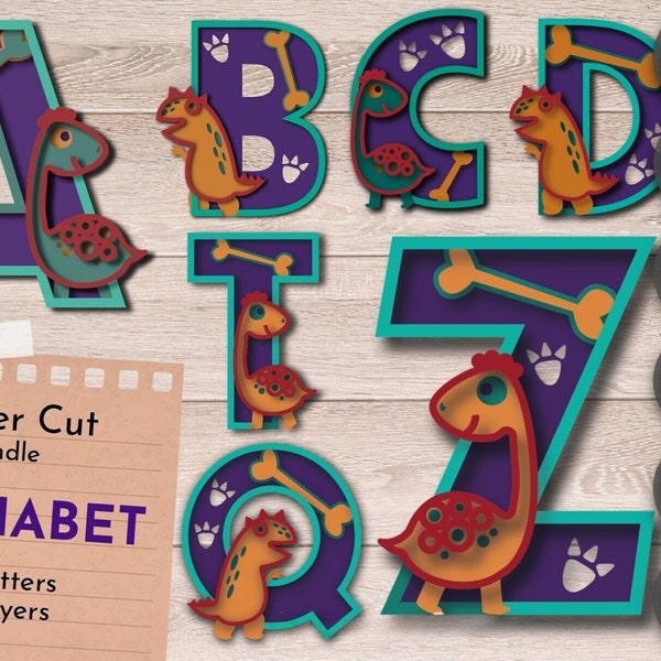 26x Bundle Alphabet Laser Cut Files 3D Dinosaur Letters SVG, Layered Plywood And Paper Cutting SVG File, Multilayer Wall Cut File Laser Art