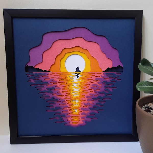 3D Multilayer Paper Cut Sunset On The Sea SVG File, Layered Paper Cutting, Laser Cutting SVG File, 3D Shadow Box, Multilayer Wall Laser Art