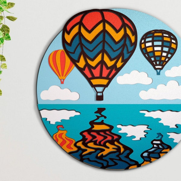 3D Layered Hot Air balloons Over Water Svg File for Cricut, Layered Paper Cutting, Laser Cutting SVG File, Multilayer Wall Laser Art