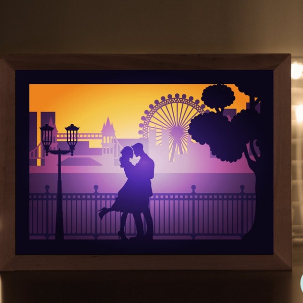 Romantic Couple London 3D Shadow Box Valentine SVG Light Box Multilayer Cut File, Easy Laser Paper Cut File, Cricut Brother Silhouette SVG