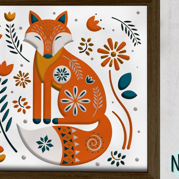 Fox Folk art Layered Papercut Laser Cutting SVG file, 3D Shadow Box, 3D Layered Paper cutting, Multilayer Wall Laser Art