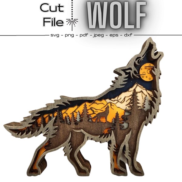 3D WOLF Wooden Animals Multilayer Engraved Laser Cut File, Glowforge Easy Laser Cut, DIY Decoration Ornament Vector Template Download