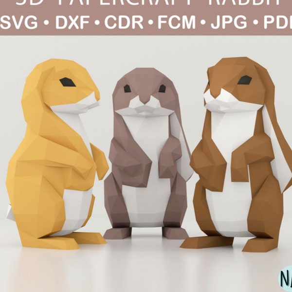 Kaninchen Low Poly 3D Papier Handwerk Vorlage Hase Scherenschnitt Dateien, Schritt für Schritt Erklärung 3D Skulptur Pdf SVG Dxf Cdr Fcm Jpg Dateien Download