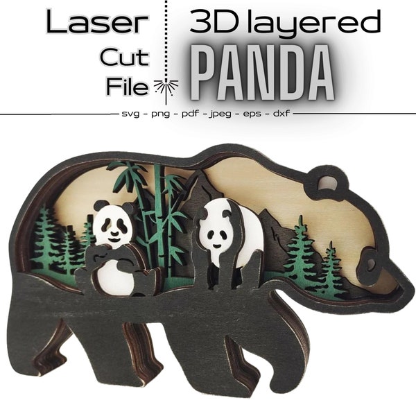 Fichier 3D PANDA, gravure laser multicouche, animaux en bois, découpe laser facile Glowforge, modèle vectoriel d'ornement de décoration bricolage