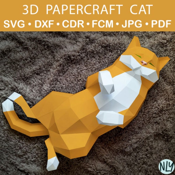 Low Poly 3D Paper Craft Cute Cat Template Files, Easy to Make Step by Step Explanation 3D Sculpture Pdf Svg Dxf Cdr Fcm Jpg Dowload Files