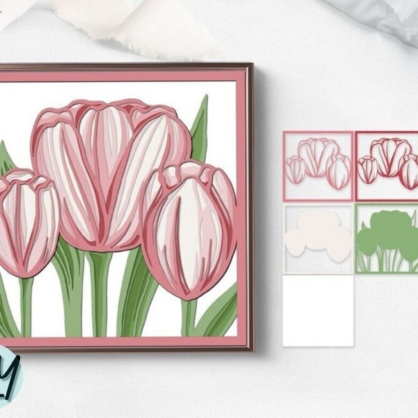 Tulip Layered Papercut File Flower 3D Shadow Box, 3D Layered Paper Cutting, Laser Cutting SVG file, 3D Shadow Box, Multilayer Wall Laser Art