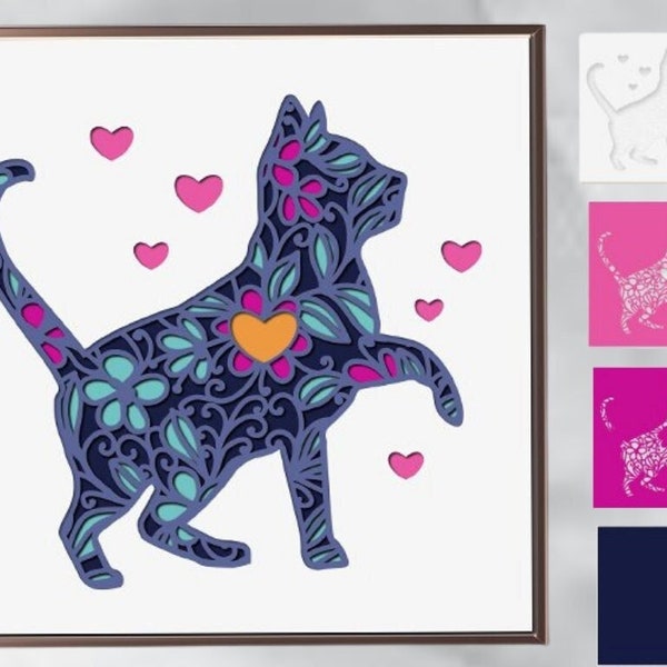 3D Cat Layered Paper Art Template 3D Png, Layered Paper Cutting, Laser Cutting SVG File, 3D Shadow Box, Multilayer Wall Laser Art