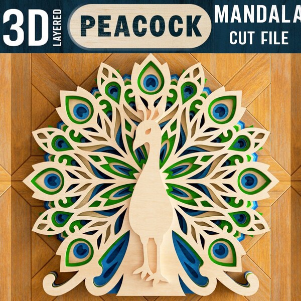 Peacock Mandala 3D Shadow Box , 3D Layered SVG Cut File,  Glowforge Cricut Design , Downloads File PNG Printing Wall Design