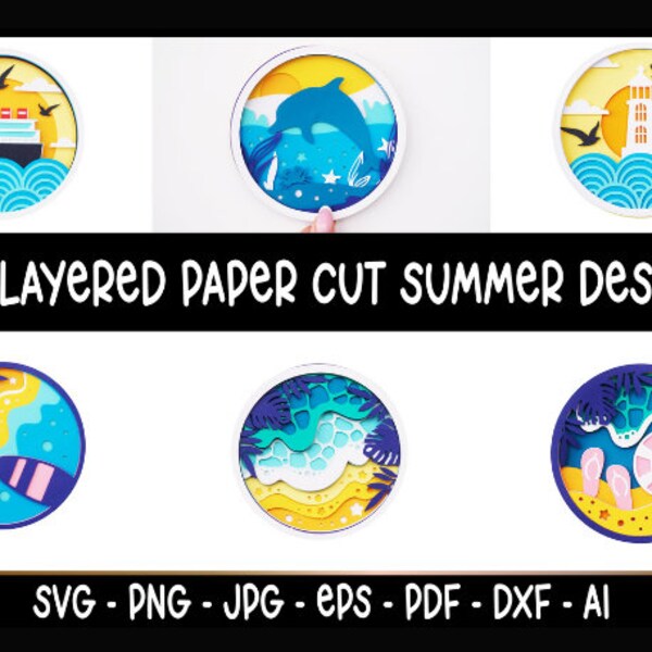 6x 3D Layered Summer Scenes SVG Beach Paper Cut Art, Light box Files For Cricut and Silhouette with Easy Instructions, Svg file Circuit