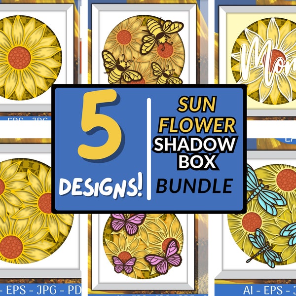 5x Bundle Sunflower 3D Shadowbox Layered Papercut Template, Download cricut silhouette Digital files, Instant download Svg Png Ai Eps Jpg