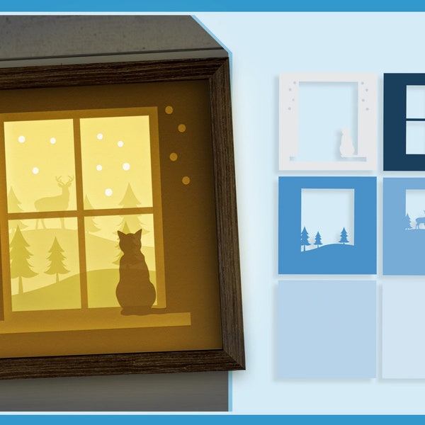 Cat on the Window Winter Layered Papercut 3D Shadow Box, Layered Paper Cutting, Laser Cutting SVG File, 3D Shadow Box, Multilayer Wall Laser