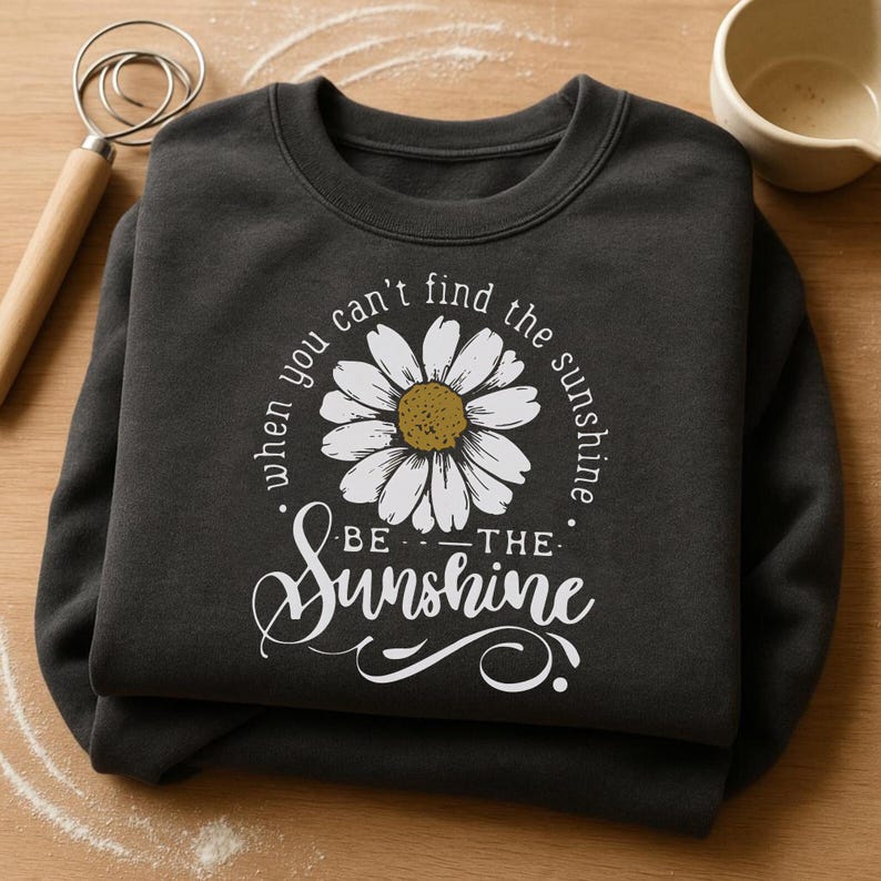 A black sweatshirt with a white daisy flower design and the text "When you can't find the sunshine, be the sunshine" printed on it, along with a wooden spoon and a small bowl.