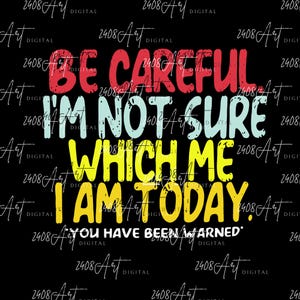 Op de afbeelding: Zwarte achtergrond met de tekst "BE CAREFUL I'M NOT SURE WHICH ME I AM TODAY. YOU HAVE BEEN WARNED" in rood, lichtblauw en geel. De woorden zijn in een vet, verweerd lettertype.
