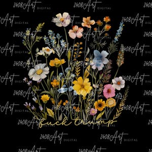 May include: A digital art print featuring a vibrant arrangement of wildflowers in shades of yellow, white, pink, blue, and orange against a black background. The text "Arfuck beschimp" is in gold script. The artwork is signed "2408 Art Digital".