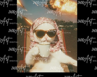 May include: A digital art print featuring a white cat wearing sunglasses and a headscarf, holding a mug. The cat is lounging in a beach chair with a dramatic sky background of explosions and falling objects. The text "2408 Art Digital" is in the corners.