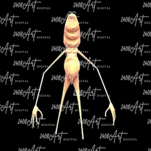 May include: A digital artwork depicting a slender, humanoid form with a large head and elongated limbs. The figure is a pale yellow hue, set against a black backdrop with the text "2408 Art DIGITAL" repeated across the image.