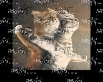 May include: A digital art print featuring a gray tabby cat in a relaxed pose, with its eyes closed and one paw raised. The artwork has a painterly style with soft colors and the text "2408 Art Digital" repeated across the background.