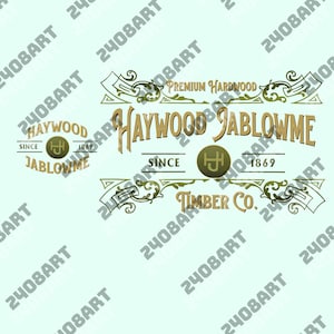 Puede incluir: Un diseño de logotipo de estilo vintage para Haywood Jablowme Timber Co. El diseño presenta el nombre de la empresa en una fuente estilizada, con las palabras "Premium Hardwood" y "Timber Co." El logotipo incluye el texto "Since 1869".
