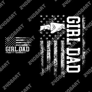 May include: A black graphic design featuring a distressed American flag with the words "GIRL DAD" in white. The flag includes a fist and stars. The design is a patriotic statement.