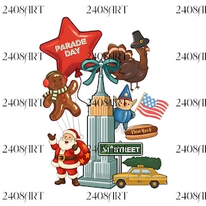 May include: A colorful illustration featuring a red star-shaped balloon with "PARADE DAY" text, a gingerbread man, Santa Claus, a turkey, an elf, the Empire State Building, a New York City taxi, and an American flag. A festive design.