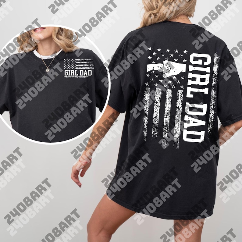 a woman wearing a black shirt with an american flag on it