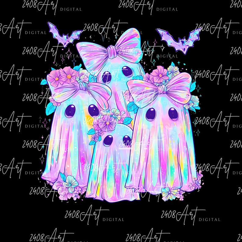 a group of three ghostly, colorful figures with bows and flowers, set against a dark background with the text "2098Art" repeated in various locations.