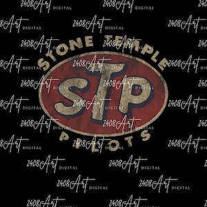 May include: A distressed, vintage-style STP logo on a black background. The logo is in a red oval with the letters "STP" in a beige, weathered font. The words "STONE TEMPLE PILOTS" are above the logo.