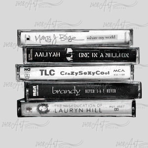 May include: A stack of five vintage cassette tapes with black and white labels. The tapes feature artists Mary J. Blige, Aaliyah, TLC, Brandy, and Lauryn Hill. The tapes are arranged vertically with the top tape being Mary J. Blige's "Share My World" and the bottom tape being Lauryn Hill's "The Miseducation of Lauryn Hill".