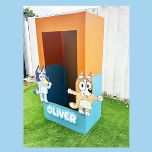 Bluey cartoon theme dog Photo Booth with 2 characters and custom name, life size box, different sizes, silver curtains include