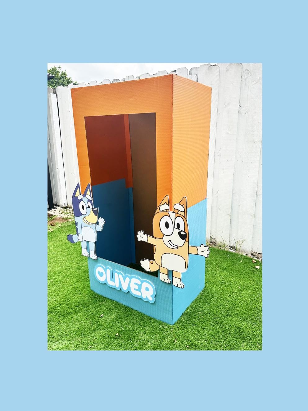 Bluey cartoon theme dog Photo Booth with 2 characters and custom name, life size box, different sizes, silver curtains include