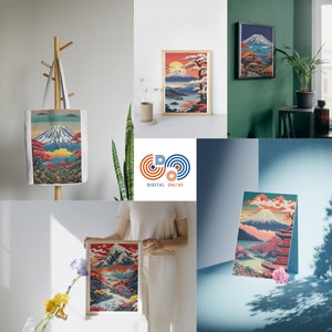 Könnte beinhalten: Ein Set aus vier digitalen Drucken, die eine japanische Berglandschaft mit einer rot-weißen Pagode, einer roten Sonne und rosa Kirschblüten zeigen. Die Drucke werden an einer weißen Wand, einer blauen Wand und einem Holzregal ausgestellt. Die Drucke sind in verschiedenen Größen erhältlich.