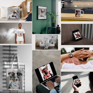 Könnte beinhalten: Eine Sammlung verschiedener Produkte mit einem Hund, der eine Brille und eine Fliege trägt. Die Produkte umfassen eine Tragetasche, ein Kissen, eine Tasse, eine Handyhülle, eine Laptop-Haut und ein T-Shirt.
