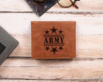 Personalized Bifold ID Wallet, US Army Wallet, Men's Leather Wallet, Custom Wallet for Men, Gift for Soldier, Laser Engraved Wallet