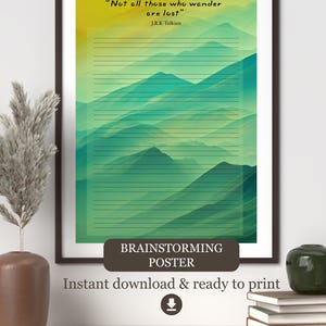 May include: A framed poster featuring a mountain landscape in shades of green and yellow, with the quote "Not all those who wander are lost" by J.R.R. Tolkien. The poster is labelled "BRAINSTORMING POSTER".