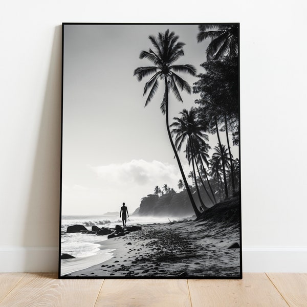 Surfer am Strand Poster ~ Schwarz-weiß ~ Monochrome Wandkunst ~ SW Poster ~ Palmen am Strand ~ Hochwertige Auflösung