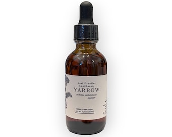 May include: A brown glass bottle with a black dropper top. The label reads "Last Frontier Apothecary YARROW (achillea millefolium) tincture" and "HERBAL SUPPLEMENT net wt. 2 fl oz (60ml)".