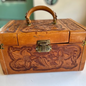 Vintage Flores Bags Leather Hand Tooled Train Case Cometic Bag Hecho in  Mexico