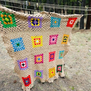 Colorful Vintage Granny Square Afghan Blanket Throw | 56”x56”