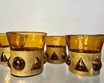 MCM Felipe Derflingher Caged Imprisoned Glasses | Amber and Bronze | Set of 4 | Vintage Barware