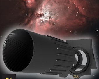 May include: A black cylindrical telescope dew shield featuring internal ridged baffling and external horizontal grip ribs. The component includes a square mounting plate with a circular aperture and the gold-colored logo text OAK ASTRO.