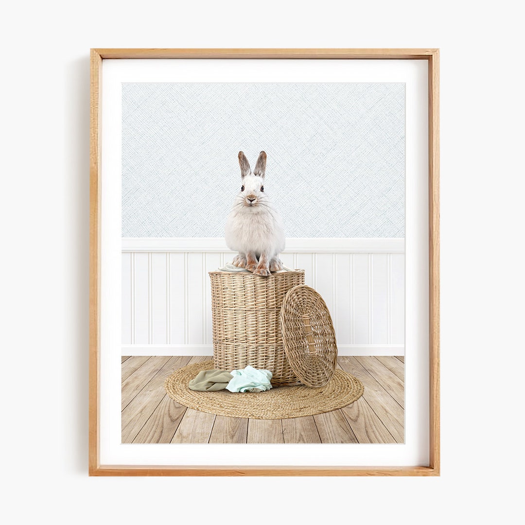 Bunny in Laundry Basket on Cottage Blue Style Floor Laundry - Etsy