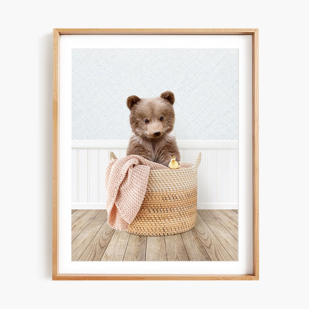 Baby Bear Cub in Laundry Basket on Cottage Blue Style Floor Etsy