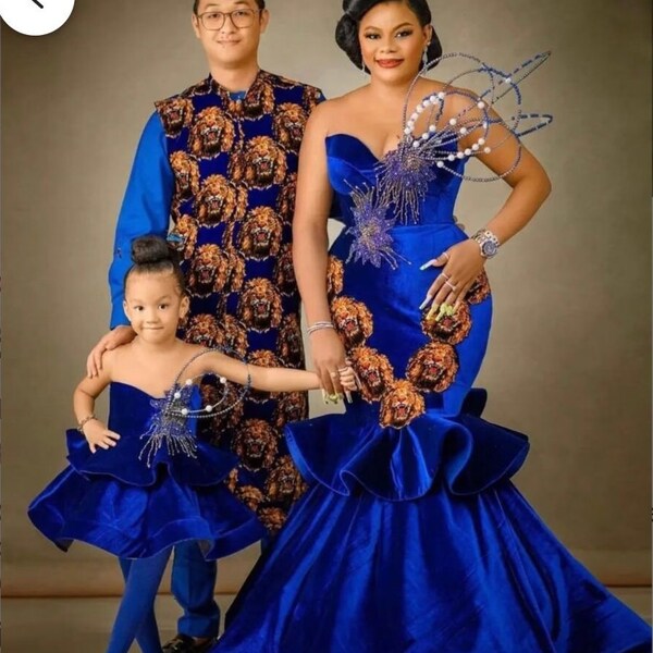 Couples African outfit, Family Matching Outfit, African maxi Mermaid gown, African clothing, African men fashion, African kids fashion.