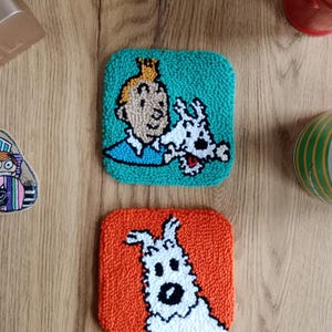 Tintin And Snowy Mug Rugs,The adventures of tintin, Tintin Snowy wall art, Punch needle coasters, Gift for boyfriend