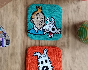 Tintin and Snowy Punch Needle Coasters: Cartoon Character Mug Rugs