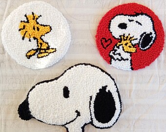 Handcrafted Snoopy Y2K Mug Coasters, Unique Punch Needle Creation for Peanuts Fans Handmade Punch Needle Mug Rug Coaster Set