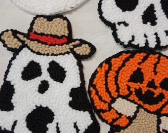 Handmade Punch Needle Halloween Coaster: Spooky Mug Rug