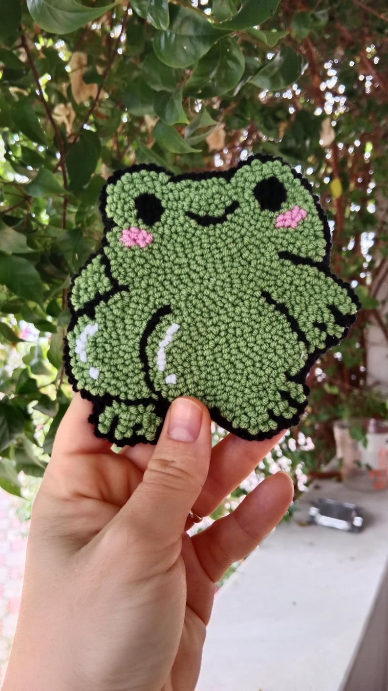 May include: A green felt frog with black eyes and pink cheeks. The frog is stitched with a fluffy texture.