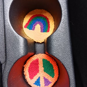 Punch Needle Car Coaster Set: Rainbow & Peace Sign, Handmade Accessories